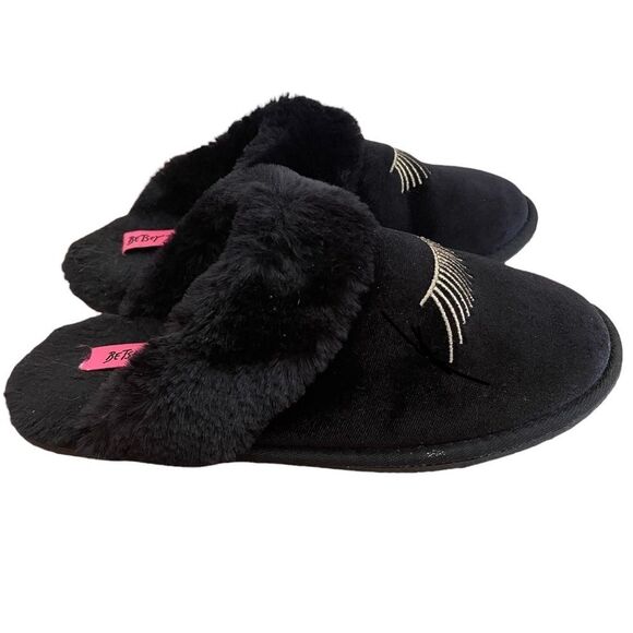 BETSEY Johnson Embroidered Eyelash Plush Slippers Black Size 7/8 - Picture 4 of 7